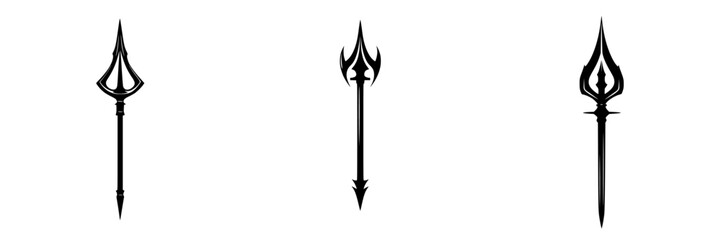 Detailed design of three flat black spear icons showcasing unique styles and shapes for creative use