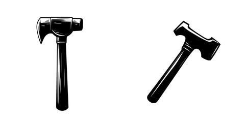 Two flat black icons of different types of hammers displayed side by side on a light background for design purposes