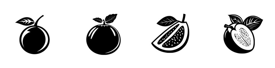 Various flat black fruit icons representing plums, oranges, guavas, and cantaloupes in a minimalist style