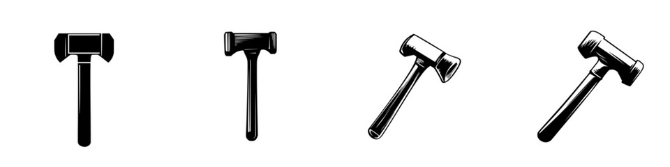 Flat black icon of a hammer illustration showcasing various perspectives of a tool for construction and crafting tasks