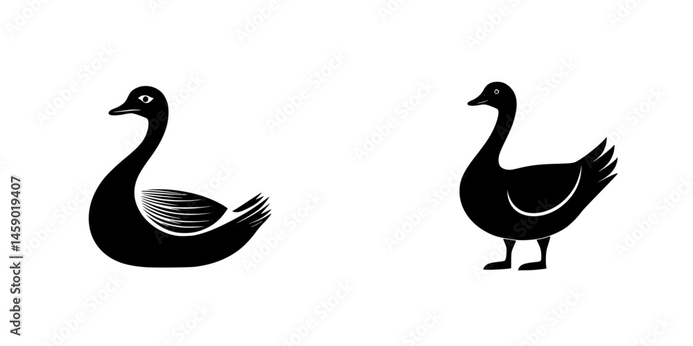 Poster flat black icon of two stylized ducks in a minimalistic design suitable for various graphic applicat