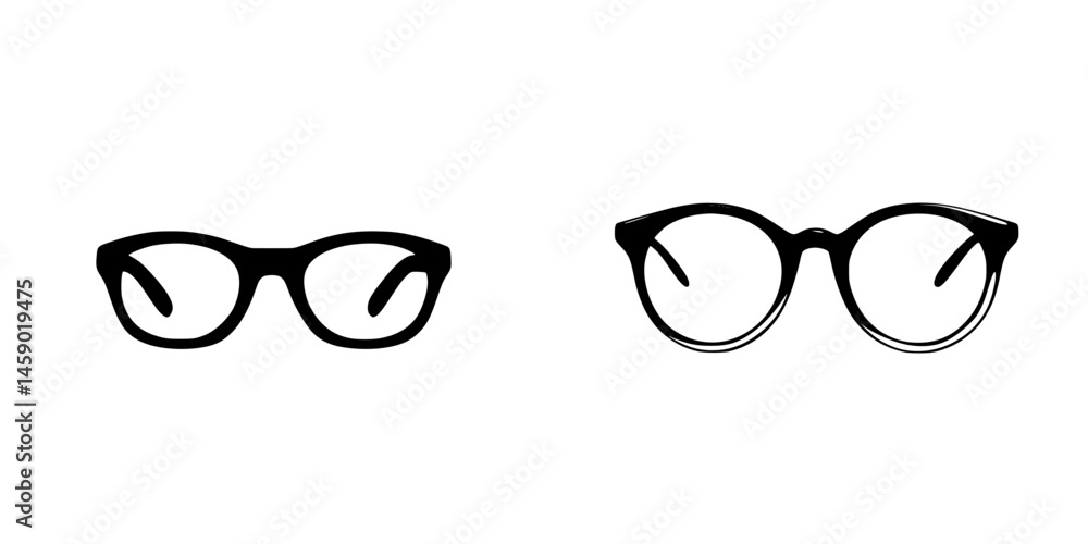 Poster flat black icon representing two styles of eyeglasses with a minimalist design suitable for various 