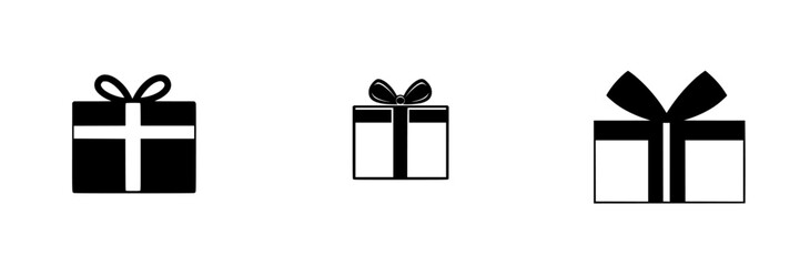 Gift icons designed in flat black style with various ribbon presentations suitable for decoration and branding purposes
