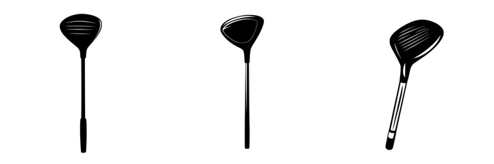 Flat black icons depicting various golf club designs for enthusiasts and designers in sports-related projects