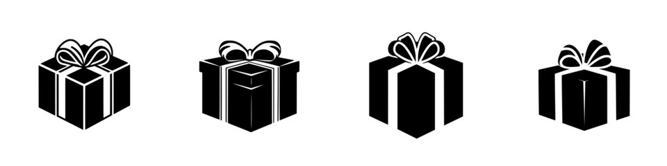 Flat black icons of gift boxes showcasing different designs, suitable for various occasions and celebrations
