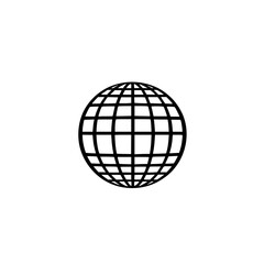 Flat black globe icon representing global connectivity and navigation in various applications and contexts