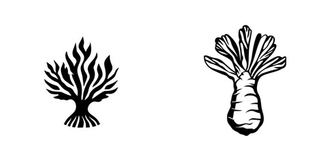 Stylized flat black icons depicting stylized plants and botanical elements for graphic design projects