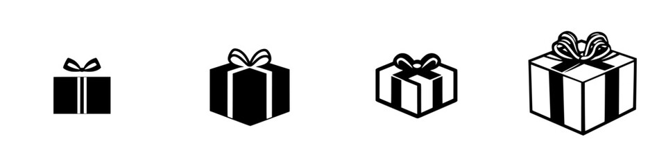 Collection of flat black gift box icons representing various sizes with bows showcasing festive elements for celebrations