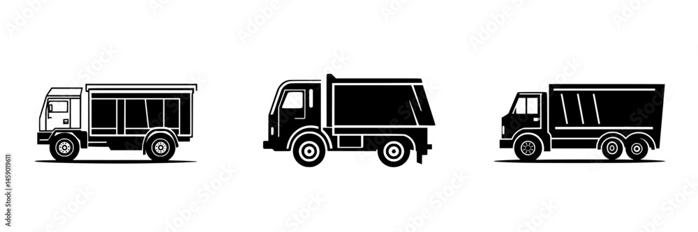 Poster flat black icons representing three different types of trucks in a minimalist design for graphic app