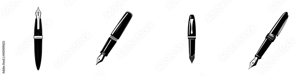 Poster flat black fountain pen icons arranged in a pattern showcasing elegance and sophistication for writi