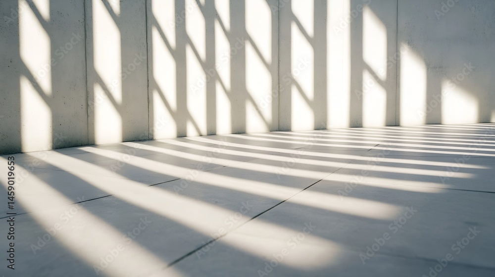 Poster sunlight casts vertical stripes across a light grey concrete floor and wall, creating a minimalist, 