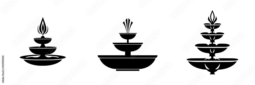 Poster design of flat black fountain icons depicting three distinct styles and structures in a minimalist a