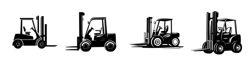 Flat black icon set depicting various forklift designs in different orientations