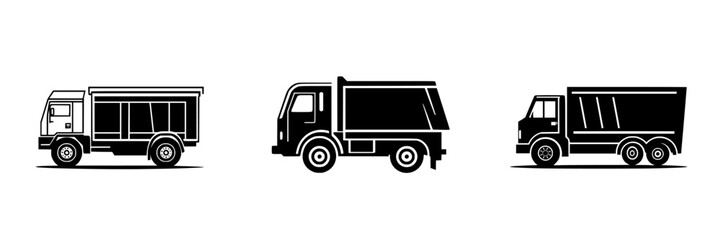 Flat black icons representing three different types of trucks in a minimalist design for graphic applications and digital use