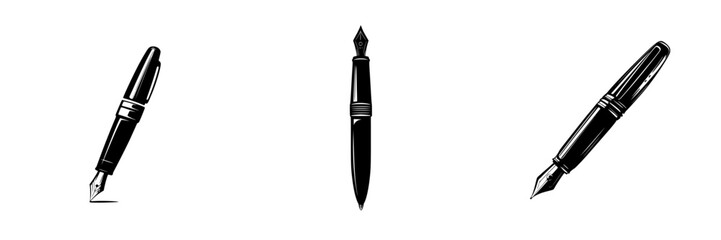 Stylized flat black fountain pen icons representing elegance and creativity in writing and design
