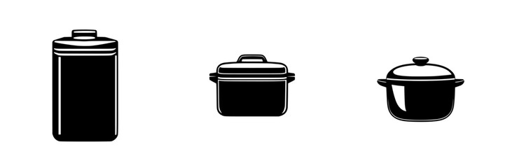 Flat black icons depict essential kitchen cookware, featuring a storage container and two types of pots