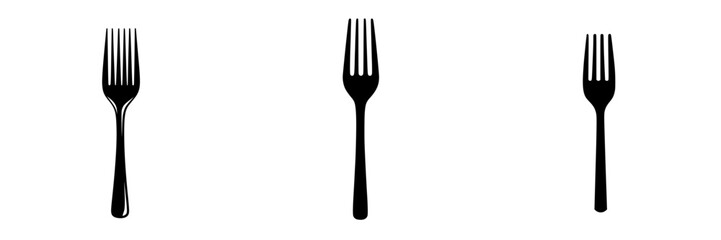 Flat black fork icons designed for culinary applications, serving, and dining illustrations