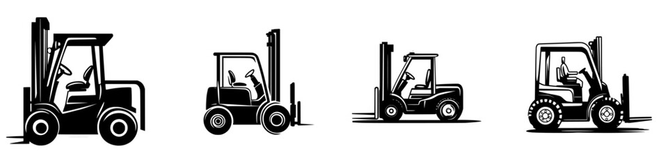 Black icon set depicting different styles and angles of forklifts for industrial and warehouse applications