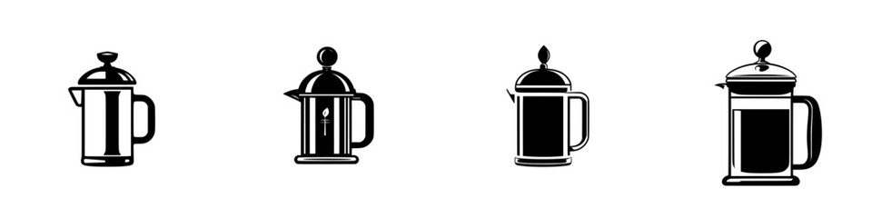 Different styles of black coffee presses displayed in a flat black icon format for kitchen design inspiration