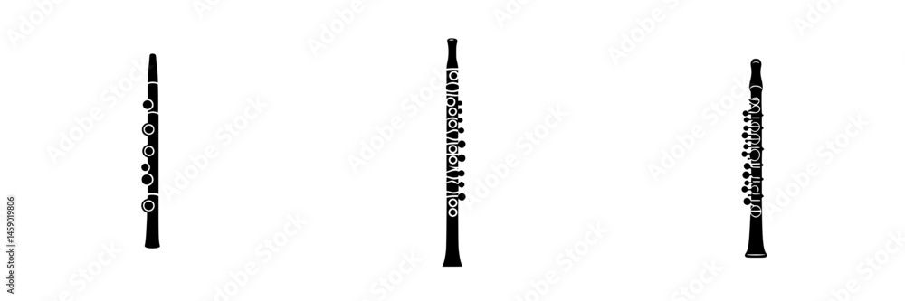 Poster flat black icons depicting various types of flutes arranged vertically on a white background
