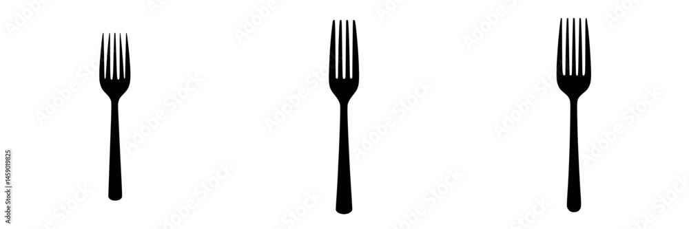 Poster flat black fork icon set showcasing three distinct fork designs for culinary or dining applications