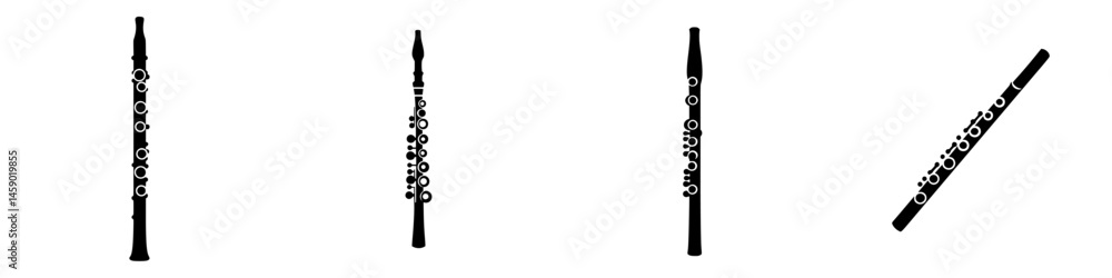 Poster stylized flat black icon collection of a flute showcasing different angles and positions for versati