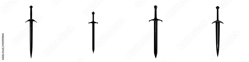 Poster various flat black sword icons arranged in a row, showcasing different styles and designs for use in