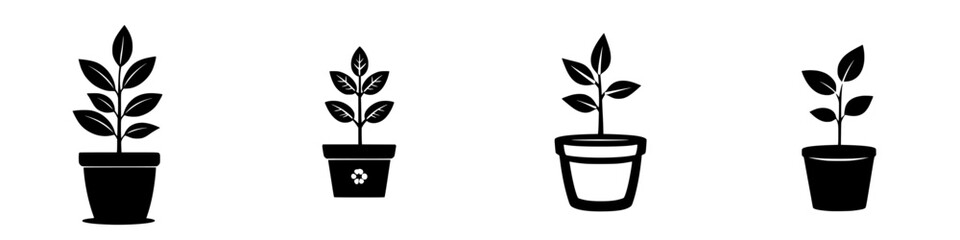 Variety of flat black plant icons showcasing different pot designs and leaf arrangements for digital use