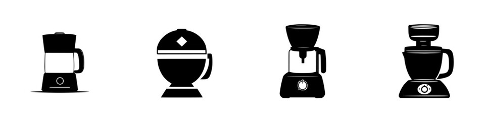 Flat black icons representing various kitchen appliances for home cooking and food preparation