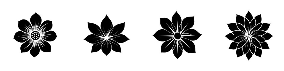Four flat black flower icons with varying petal designs suitable for digital graphics and illustrations