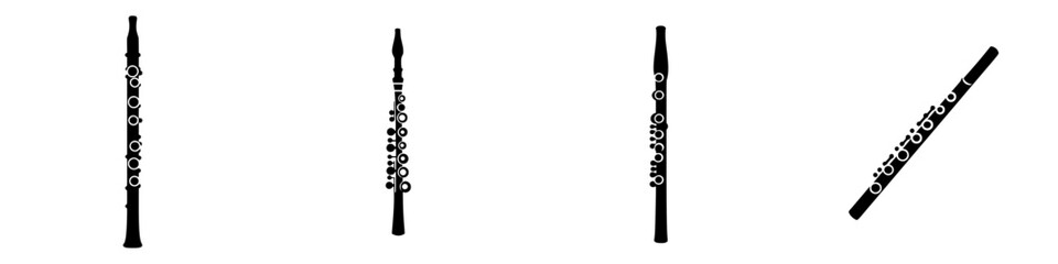 Stylized flat black icon collection of a flute showcasing different angles and positions for versatile use in design projects © Andrei