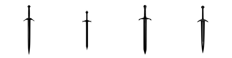 Various flat black sword icons arranged in a row, showcasing different styles and designs for use in digital graphics or illustrations