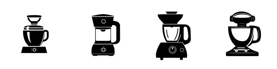Black kitchen appliances icon set featuring blender, coffee maker, food processor, and stand mixer for modern kitchen design