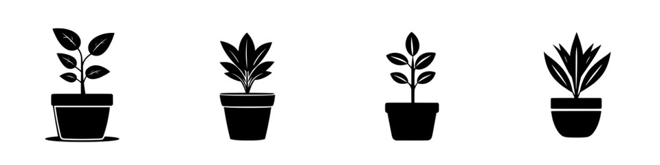 Flat black icon depicting various potted plants in different styles and arrangements representing indoor gardening and nature