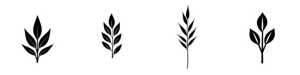 Collection of flat black botanical icons featuring various leaf designs for decorative purposes