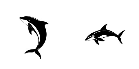 Flat black icon depicting a dolphin in motion and a smaller dolphin swimming gracefully in a minimalist design