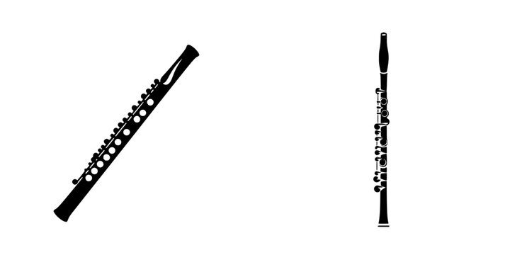 Flat black icon depicting a flute and a piccolo side by side in a minimalist style against a white background