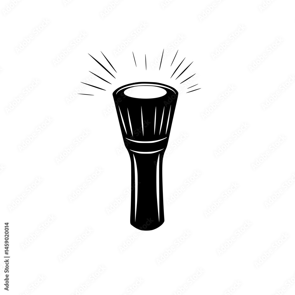 Poster flat black icon of a flashlight with light rays emanating from its top showcasing its design and sim