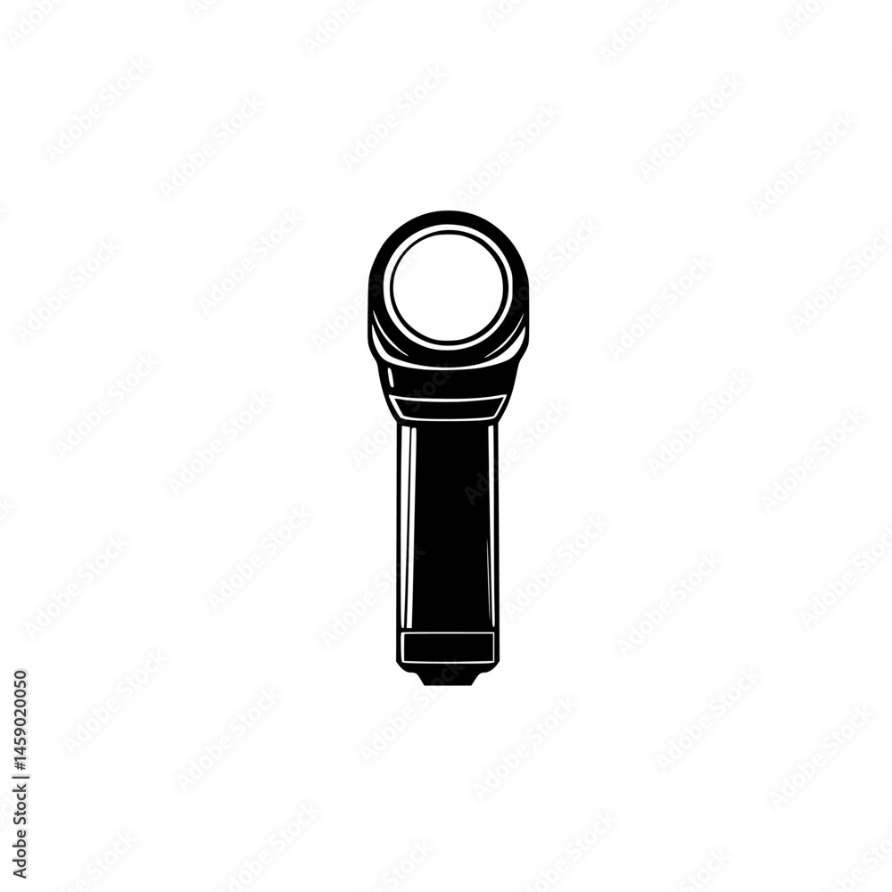 Poster flat black icon of a flashlight design representing illumination tools used in various activities du