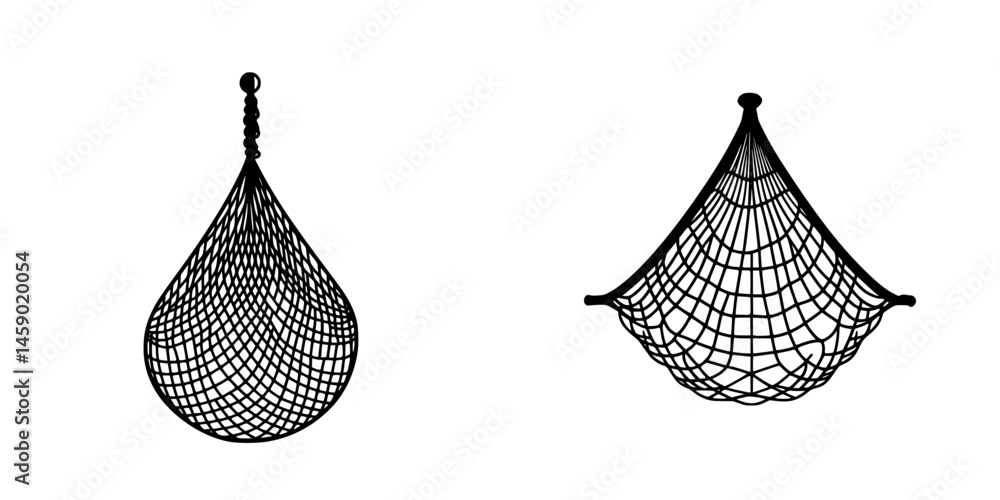 Poster artistic representation of flat black fishing nets showcasing unique designs in outline format for c