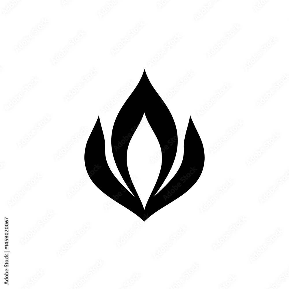 Poster stylized black icon representing a flame shape with dynamic curves, designed for versatile use in va