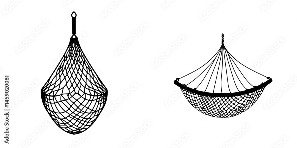 Poster hammock designs showcasing two styles of flat black hanging net icons suitable for various digital a