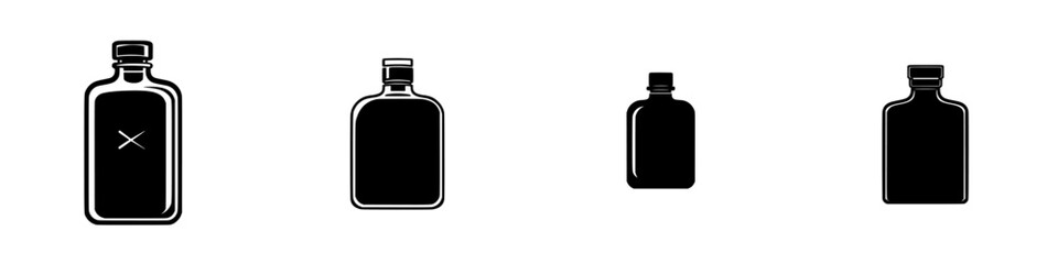 Flat black icons of various bottle designs suitable for use in graphic design and branding