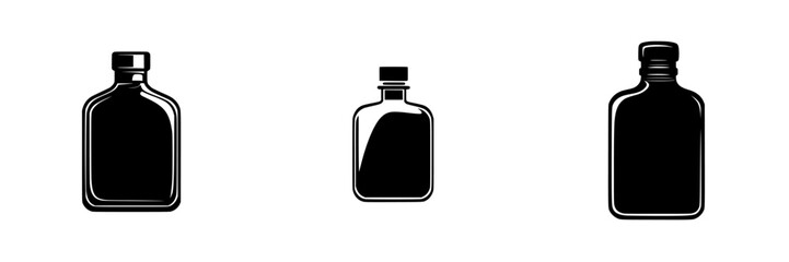 Modern flat black icon representation of three diverse glass bottles in varying shapes and sizes