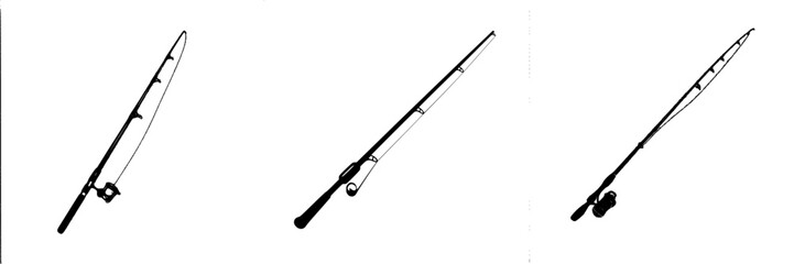Flat black fishing rod icons depicting various angles and positions for use in digital designs and applications