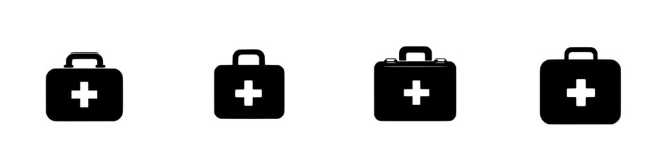 Obraz premium Icon set featuring flat black designs of first aid kits for various applications in healthcare and emergency services
