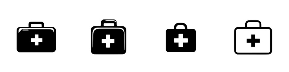 Flat black icons illustrating various designs of first aid kits for medical and emergency use displayed on a clean background