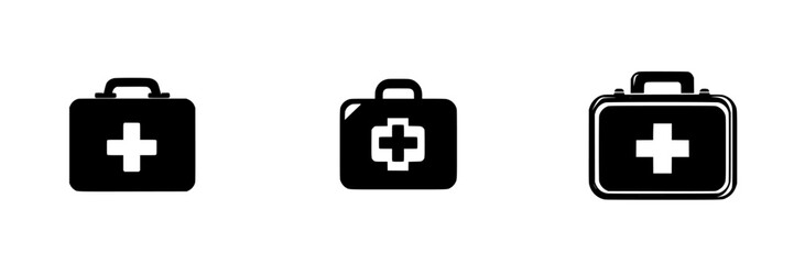 Flat black icons representing first aid kits in various styles for health and safety applications