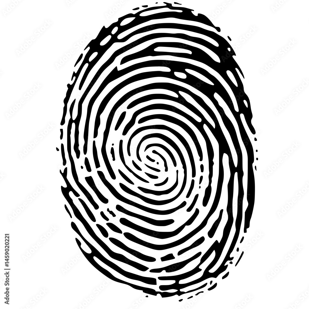 Poster stylized flat black fingerprint icon depicting unique patterns and ridges for security and identific