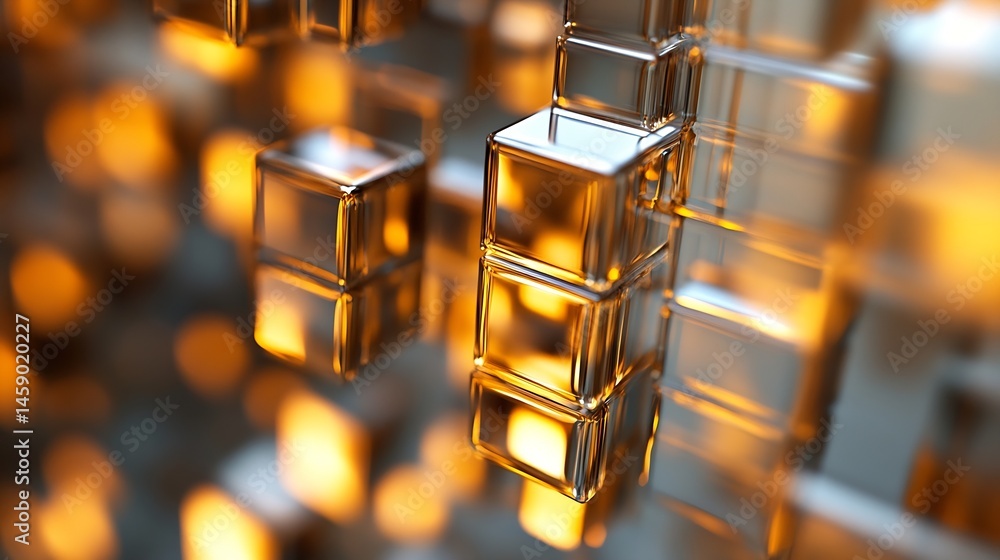 Aufkleber Abstract composition of reflective glass cubes, illuminated with warm orange light, creating a sense of depth and dimension.  The image suggests themes of technology, architecture, or  : Generative AI